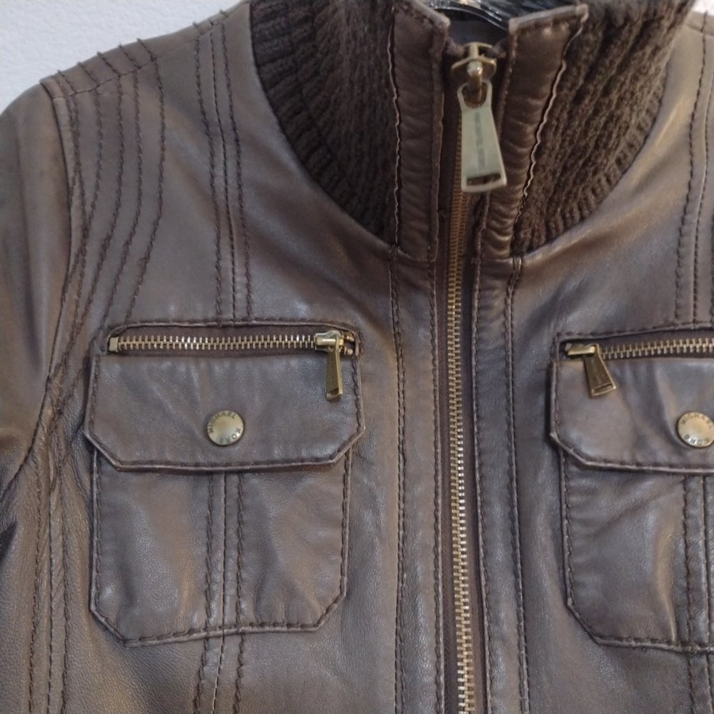 Michael Michael Kors | Brown Leather Jacket | Zip Front - Picture 3 of 15